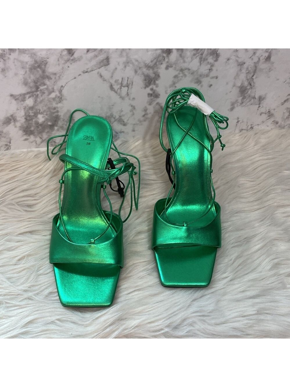 NWOT Zara Metallic Green Lace-up Leather Sandals, Size 7.5 - Picture 6 of 17